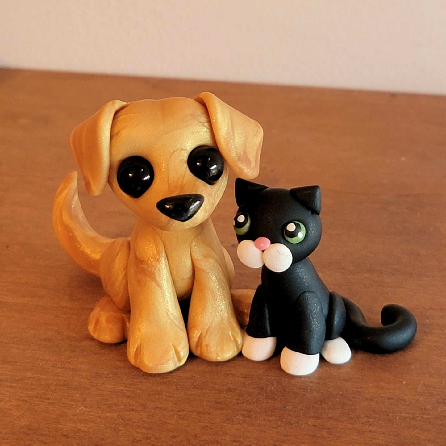 Furry Friends “Goldie and Mittens”, Handmade Clay Dog and Cat Figurine