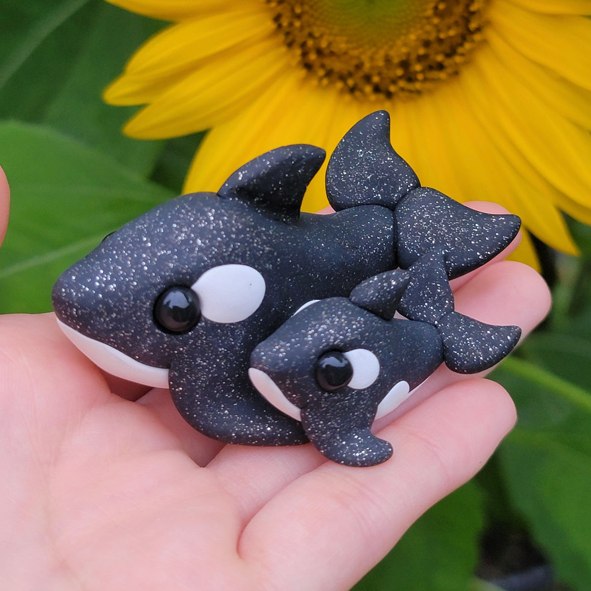 Momma and Baby Orca Whales, Handmade Clay Whales