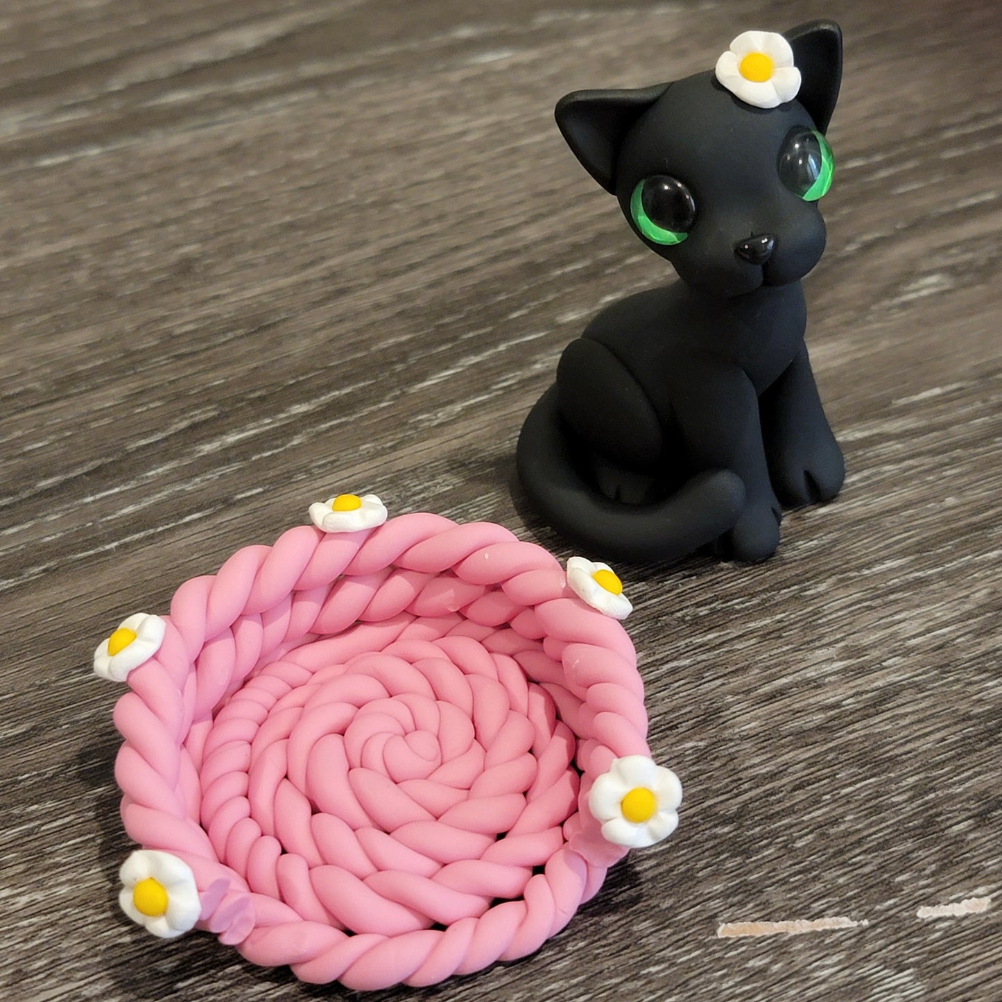Black Cat “Flower”, Handmade Clay Cat