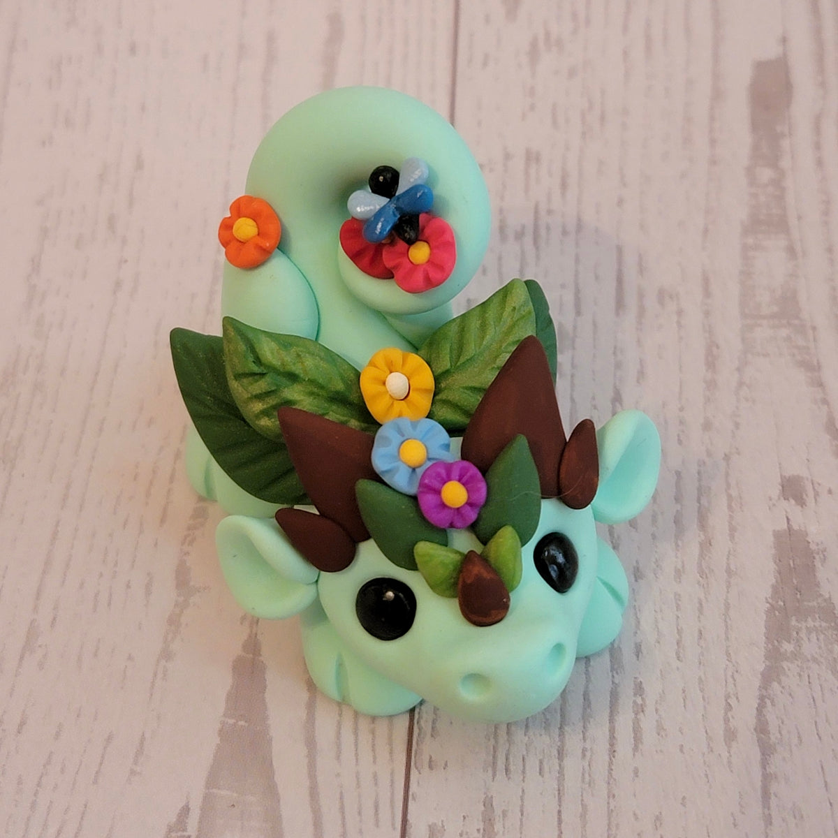 Playful Flower Dragon “Thin Mint”, Handmade Clay Dragon