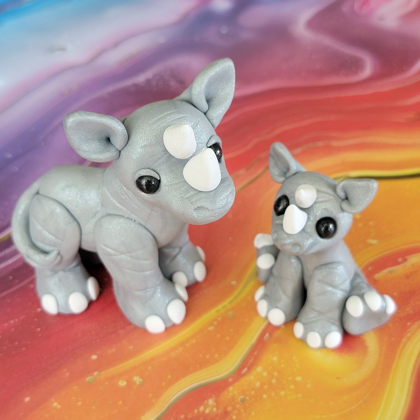 Momma and Baby Rhinos “Peaches & Pebbles”, Handmade Clay Rhinos