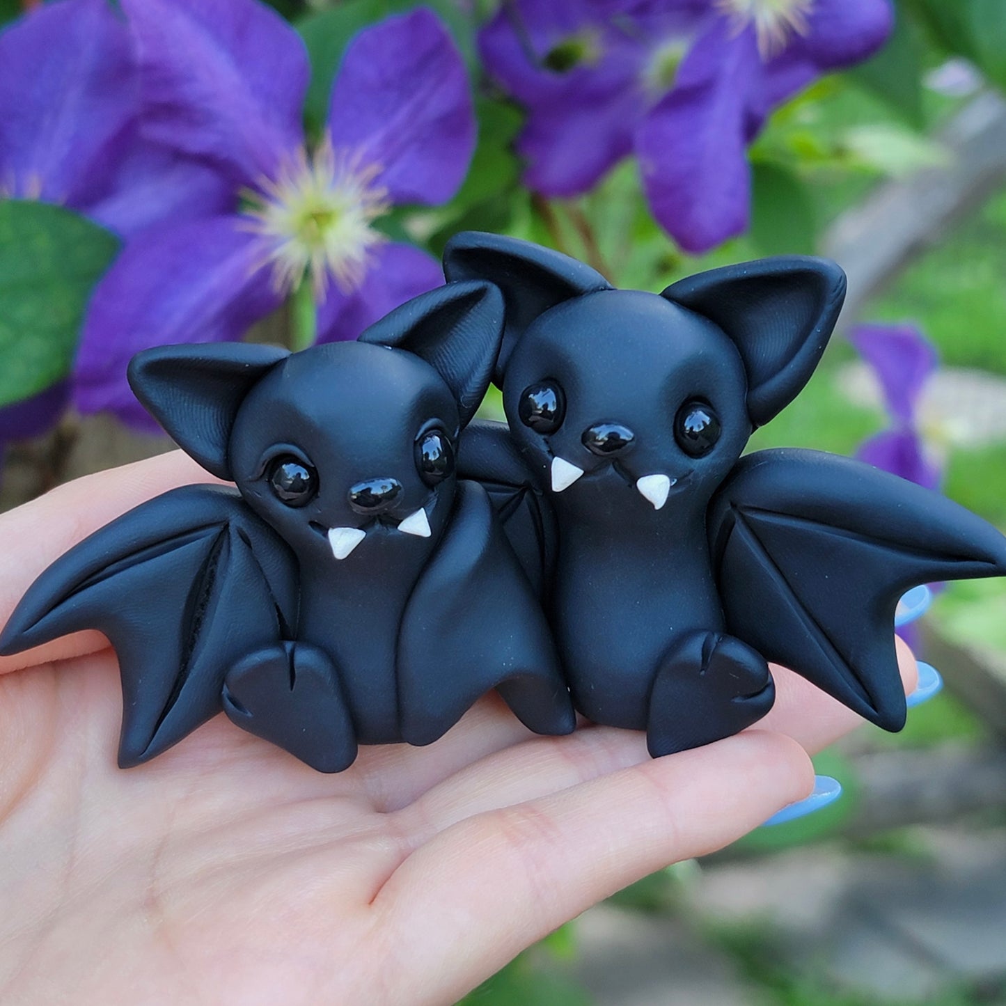 Vampire Bat Couple “Morticia & Gomez”, Handmade Clay Bats
