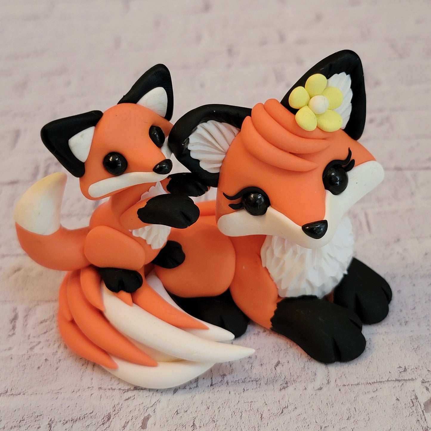 Momma and Baby Fox Pair “Penny and Pip”, Handmade Clay Foxes