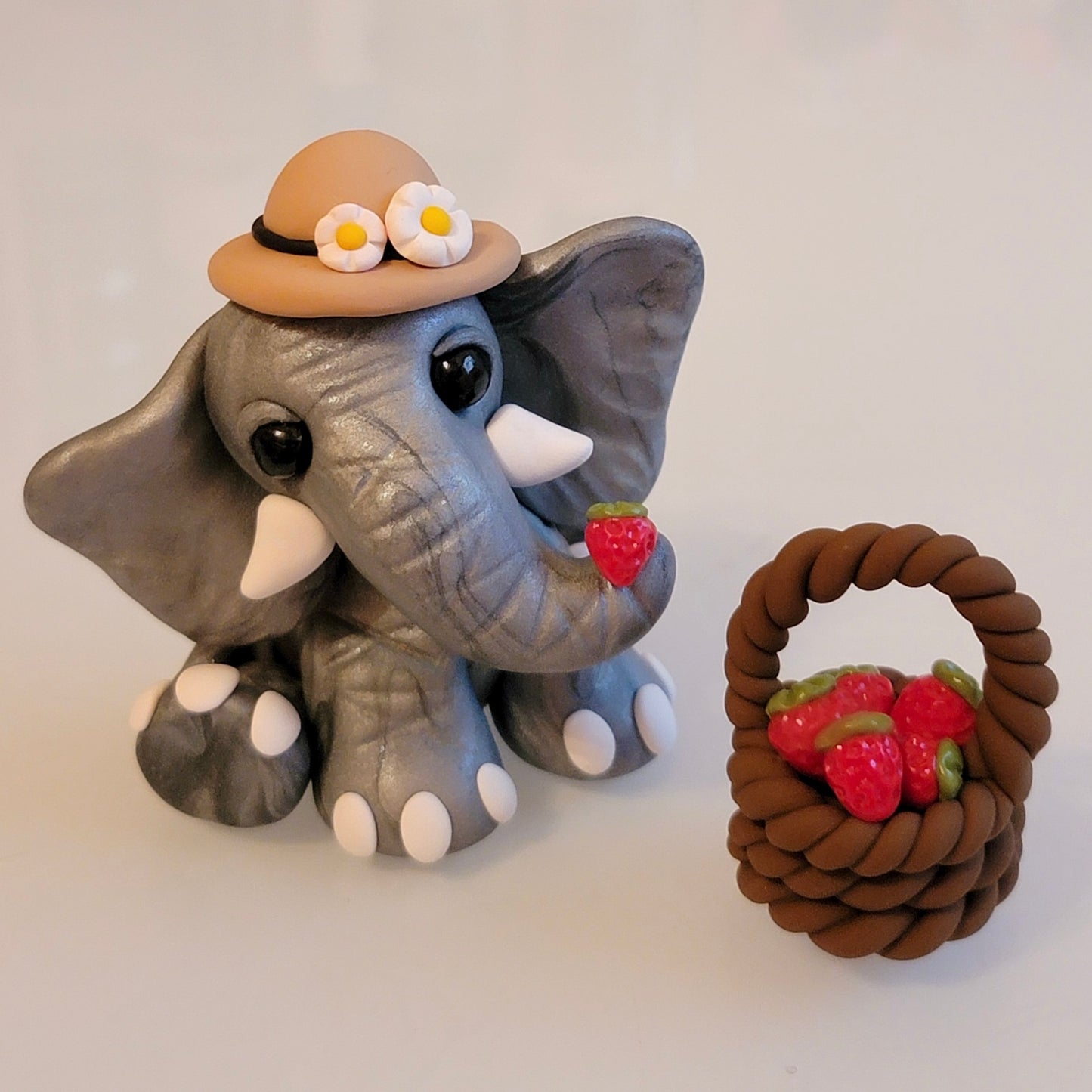 Strawberry Basket Elephant “Ellie”, Handmade Clay Elephant