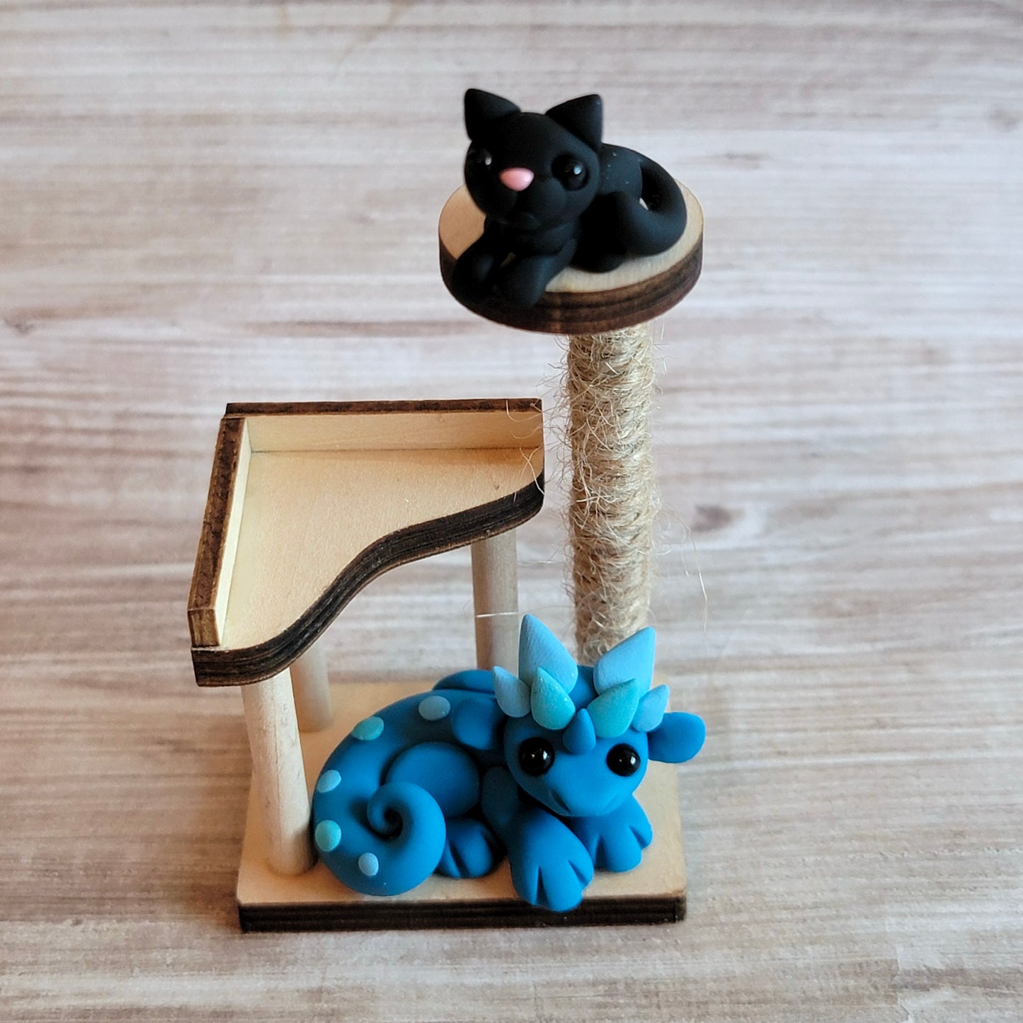 Dragon Cat Tower “Percy & Midnight”, Handmade Clay Dragon and Cat Pair