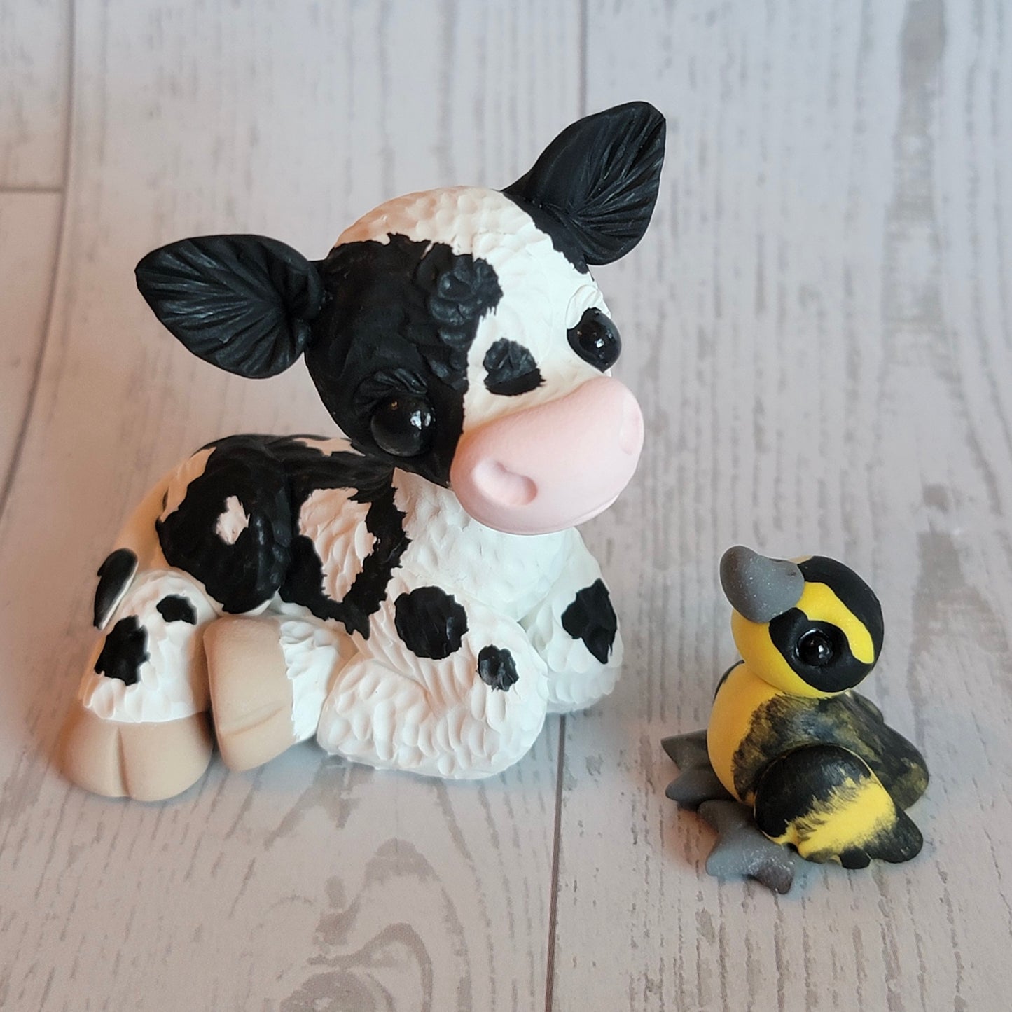 Cow and Duckling Friends, Handmade Clay Farm Animals