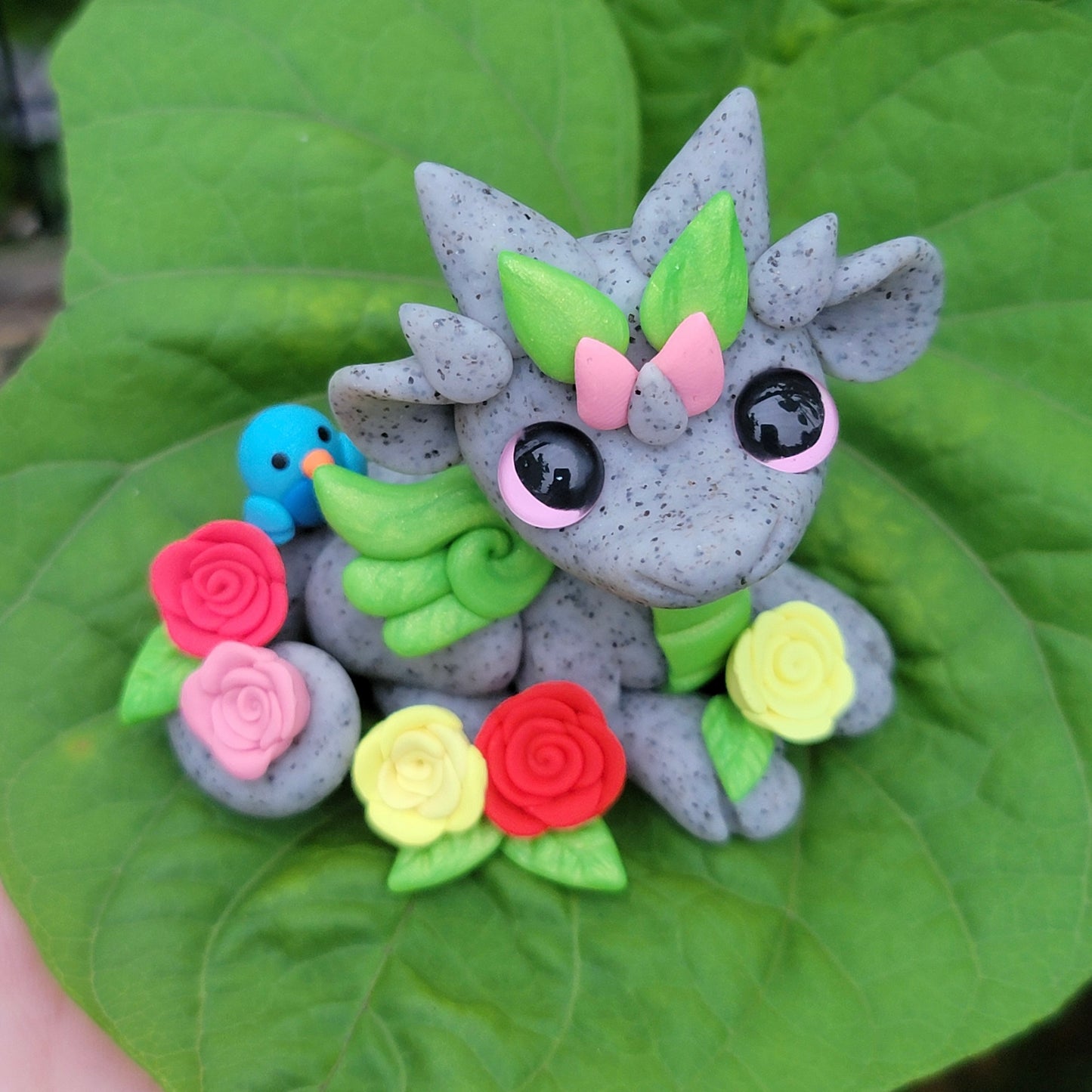 Granite Dragon w/Roses “Pebbles”, Handmade Clay Dragon