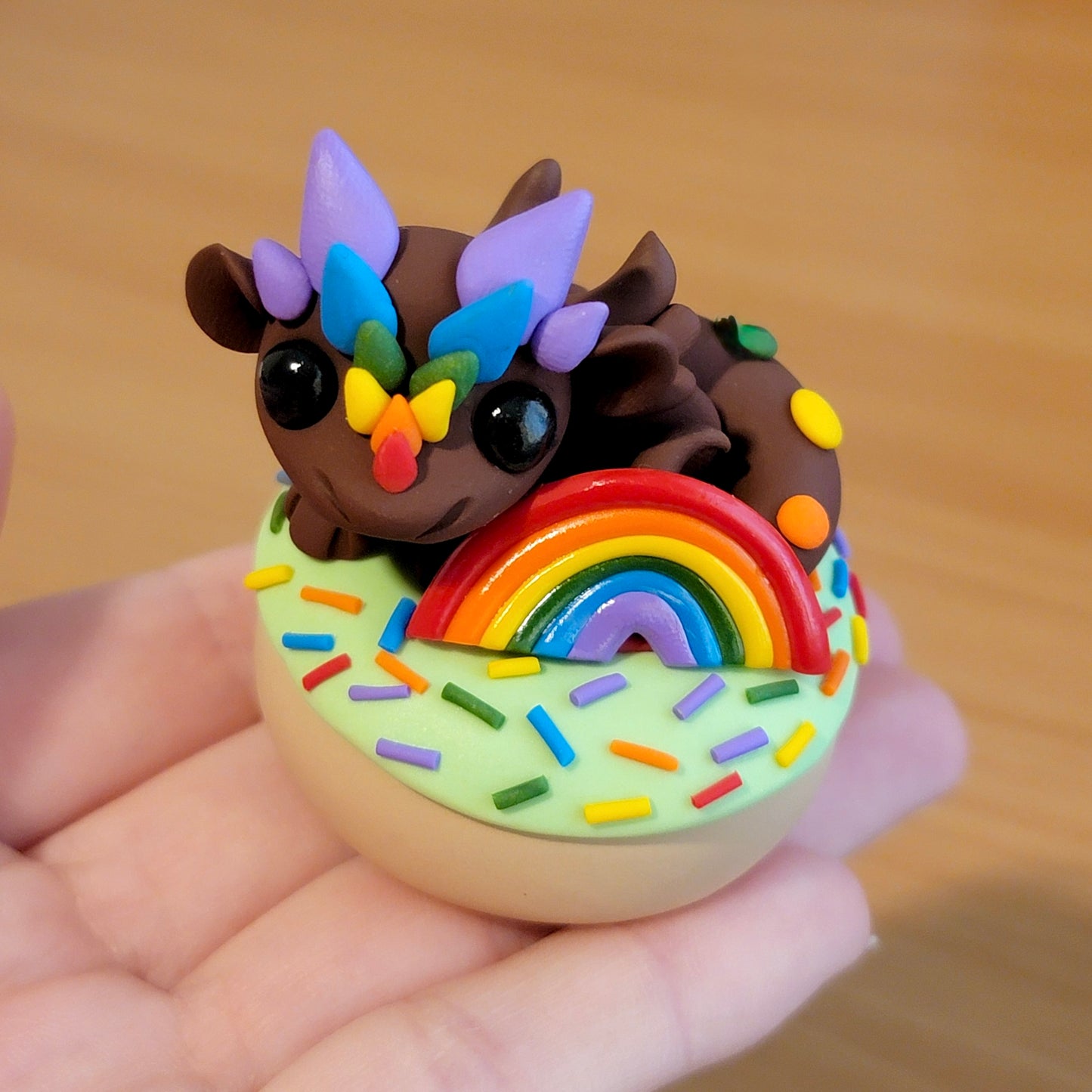 Rainbow Sprinkle Donut Dragon “Lucky”, Handmade Clay Dragon