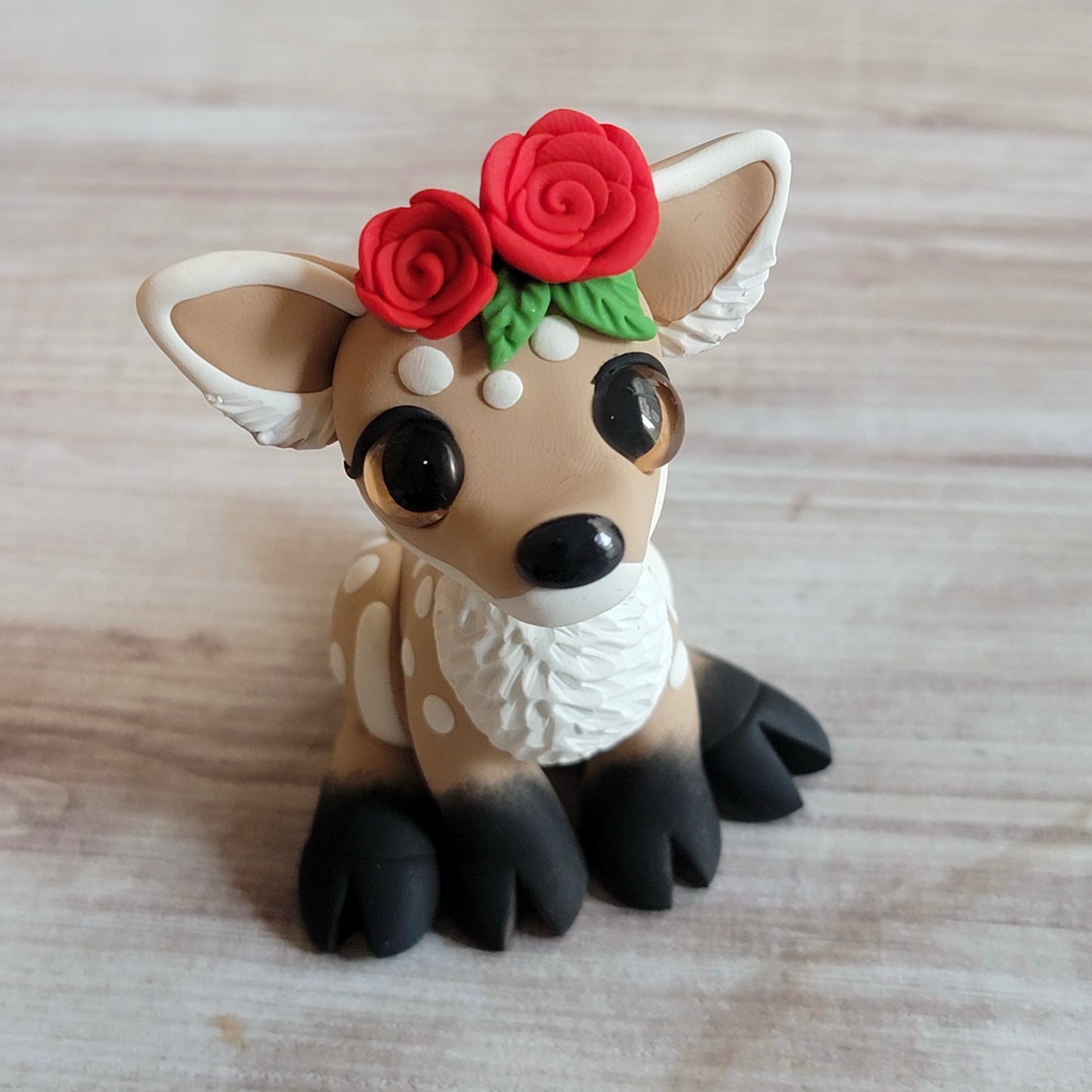 Fawn w/Roses “Honeysuckle”, Handmade Clay Deer