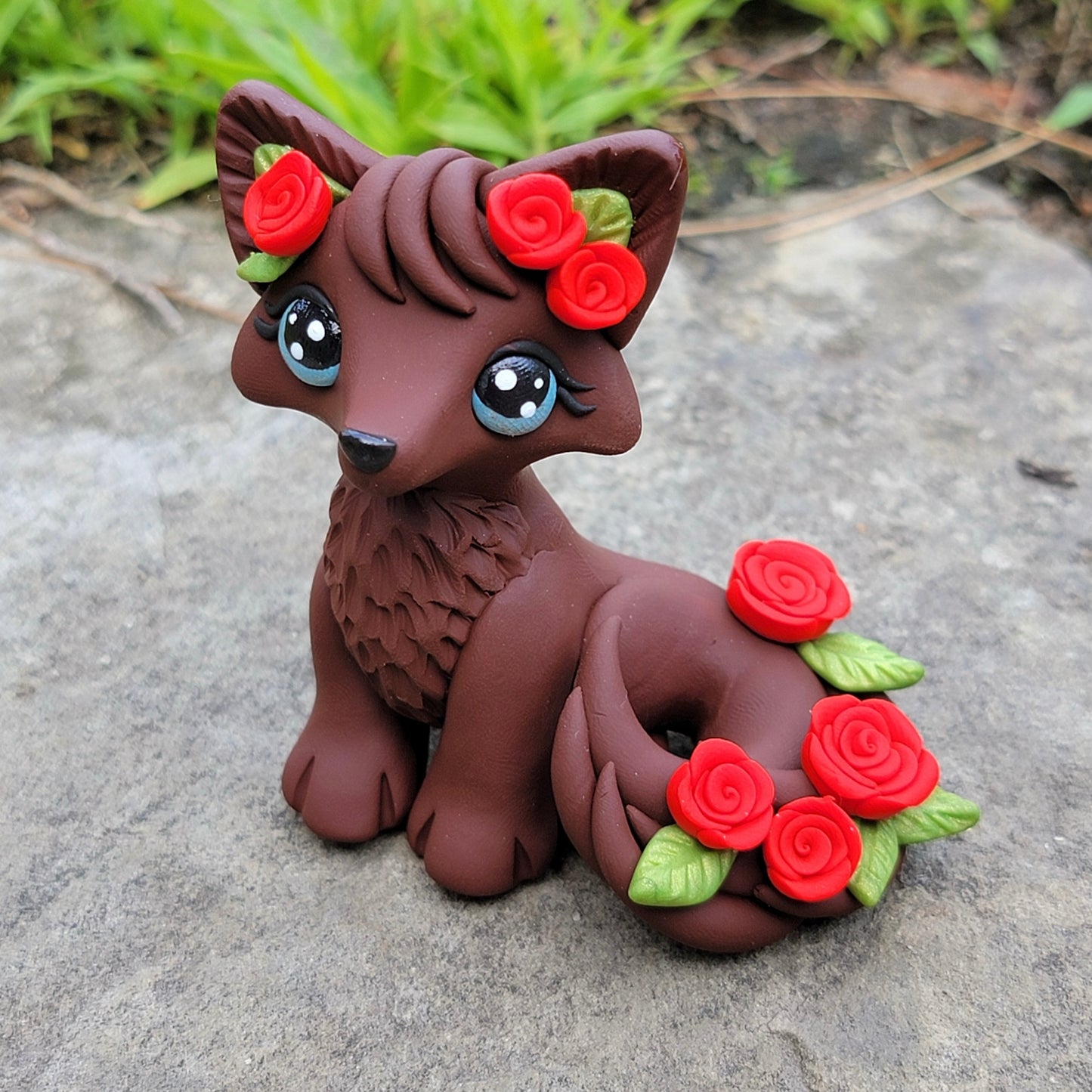 Forest Fox w/Roses “Aspen”, Handmade Clay Fox