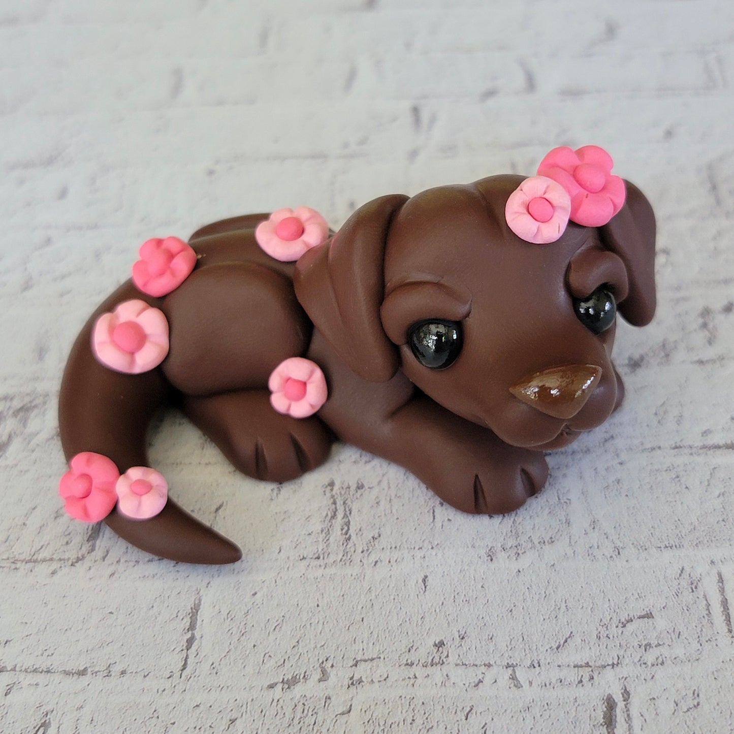 Cherry Blossom Chocolate Lab “Coral”, Handmade Clay Dog
