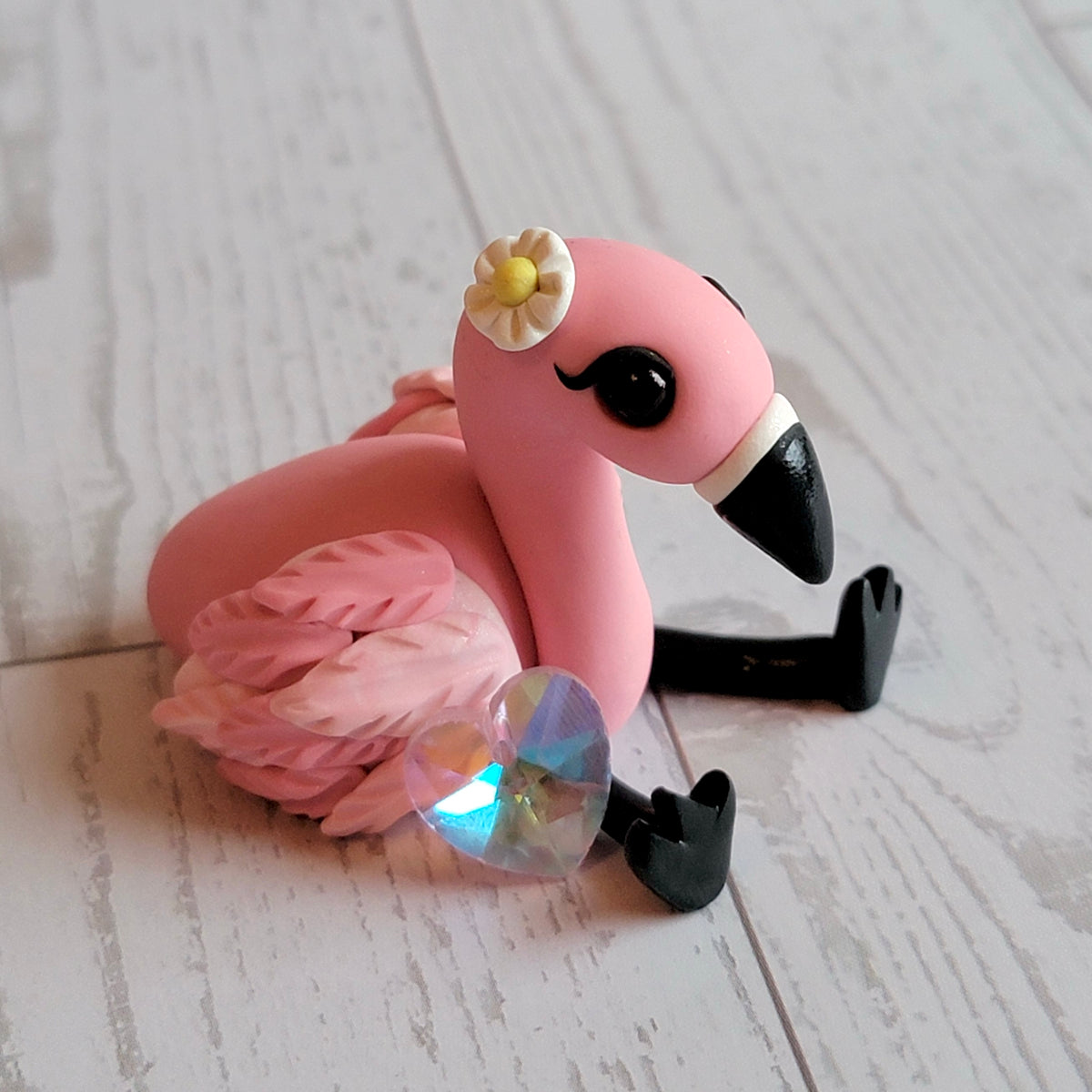 Crystal Heart Flamingo “Diamond”, Handmade Clay Flamingo