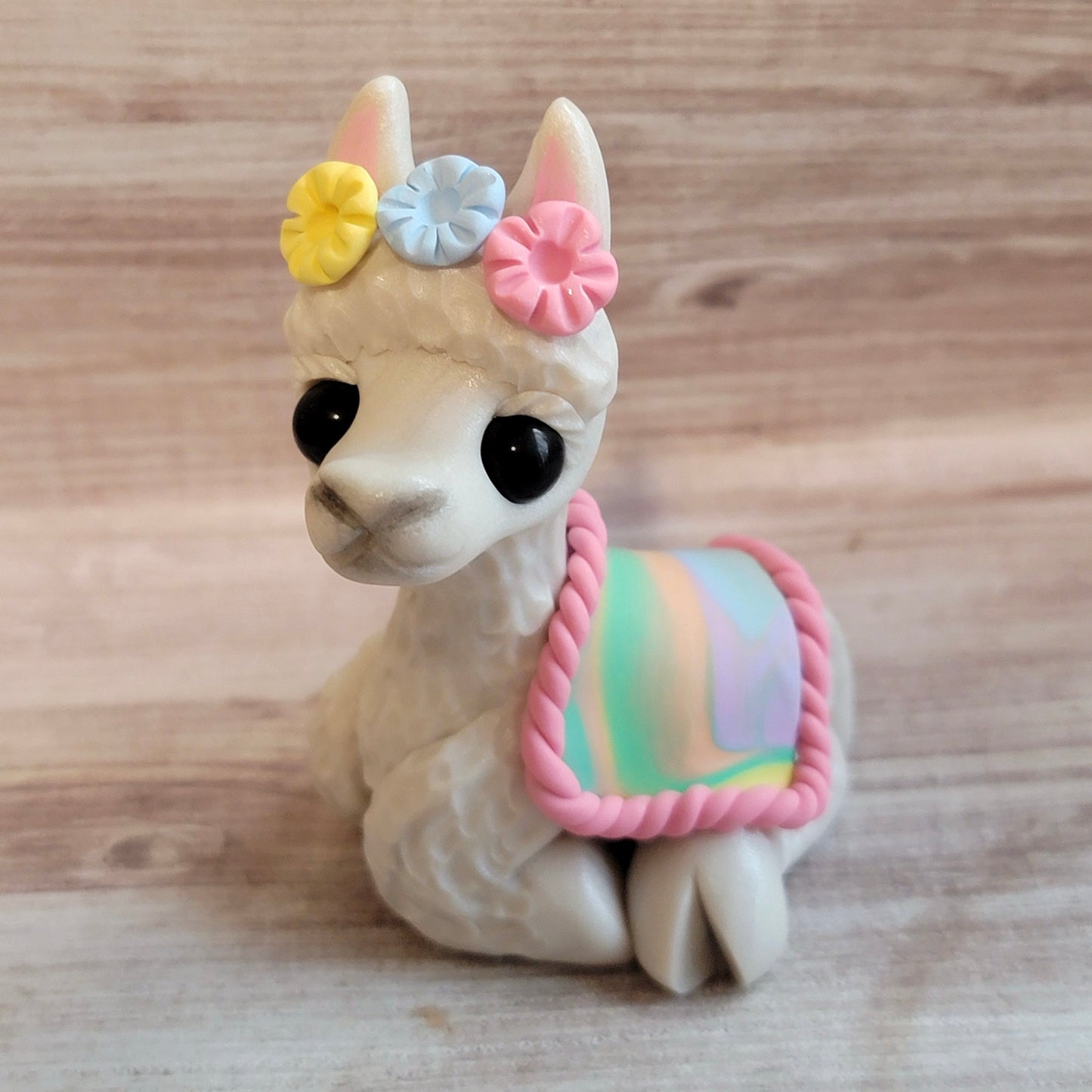 Flower Llama “Cottonball”, Handmade Clay Llama