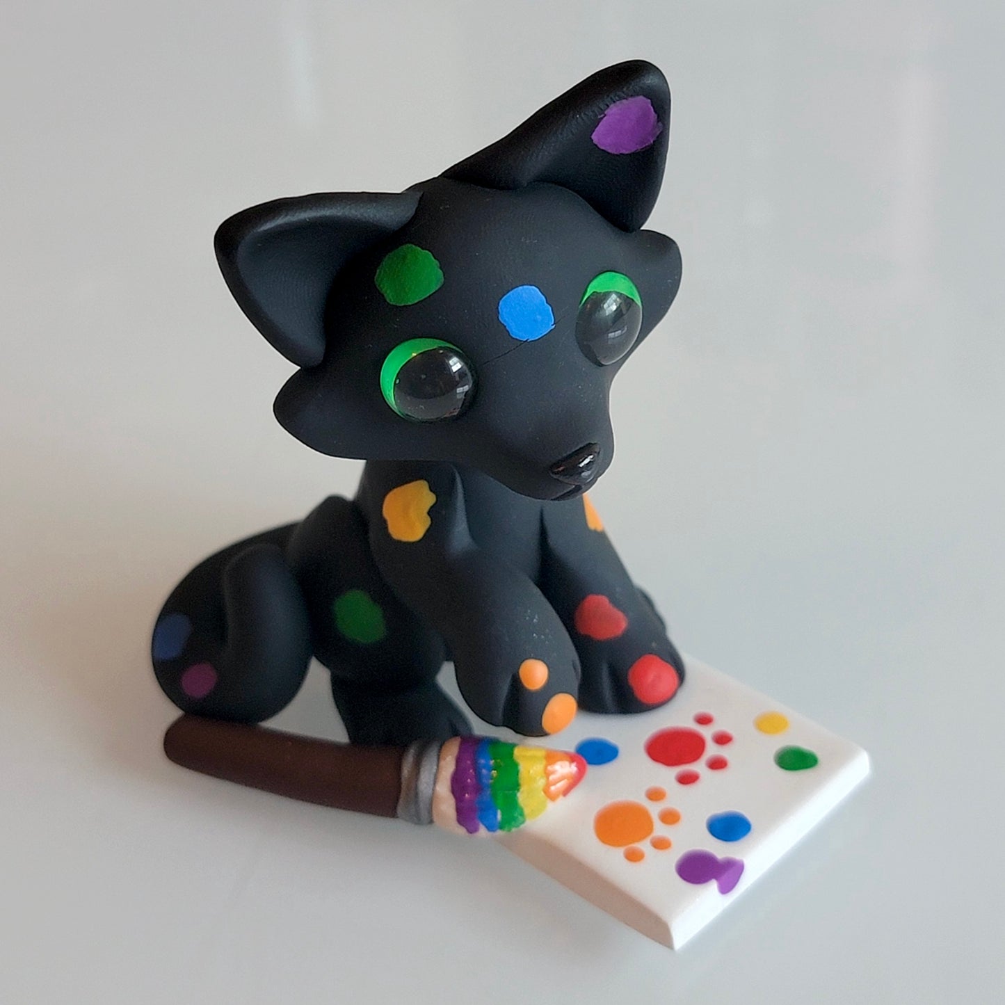 Painter Kitty “Palette”, Handmade Clay Black Cat
