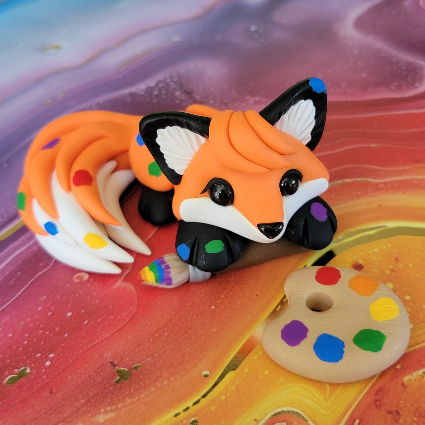 Painter Fox “Mona Lisa”, Handmade Clay Fox