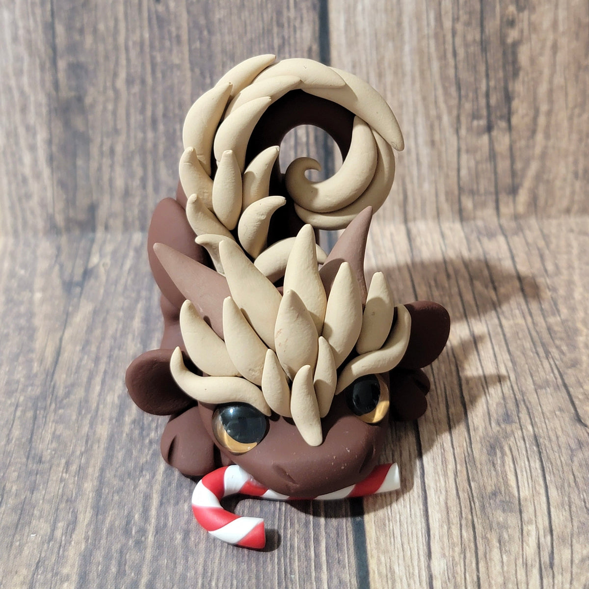Mocha Oriental Dragon w/Candy Cane “Treat”, Dragon Figurine