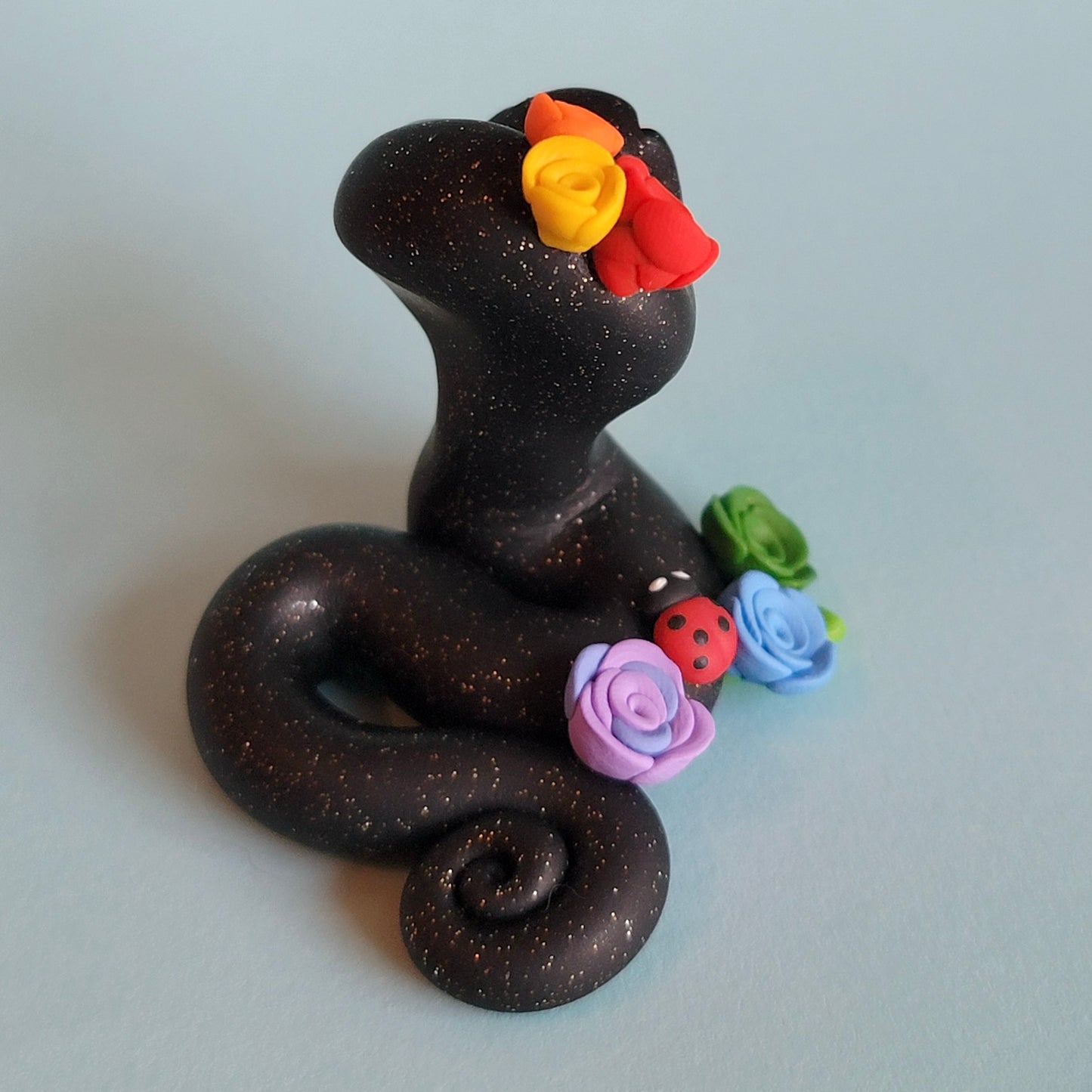 Rose Garter Snake “Raindrop”, Handmade Clay Snake