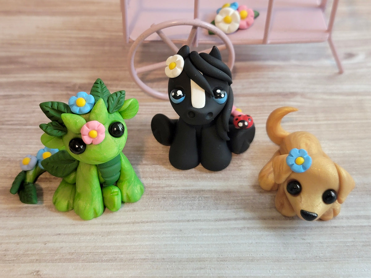Flower Cart Critters, Handmade Clay Dragon, Dog, and Pony