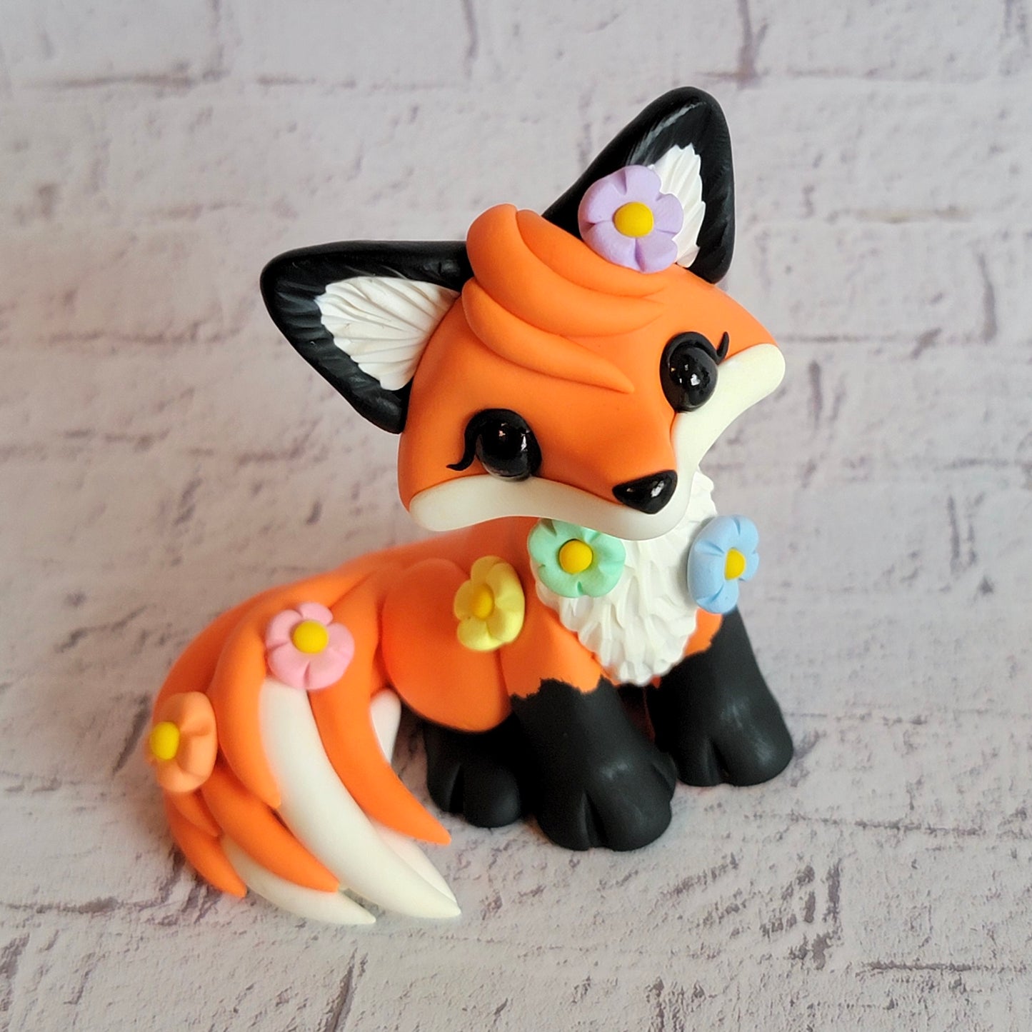 Mini Flower Fox “Rainbow”, Handmade Clay Fox