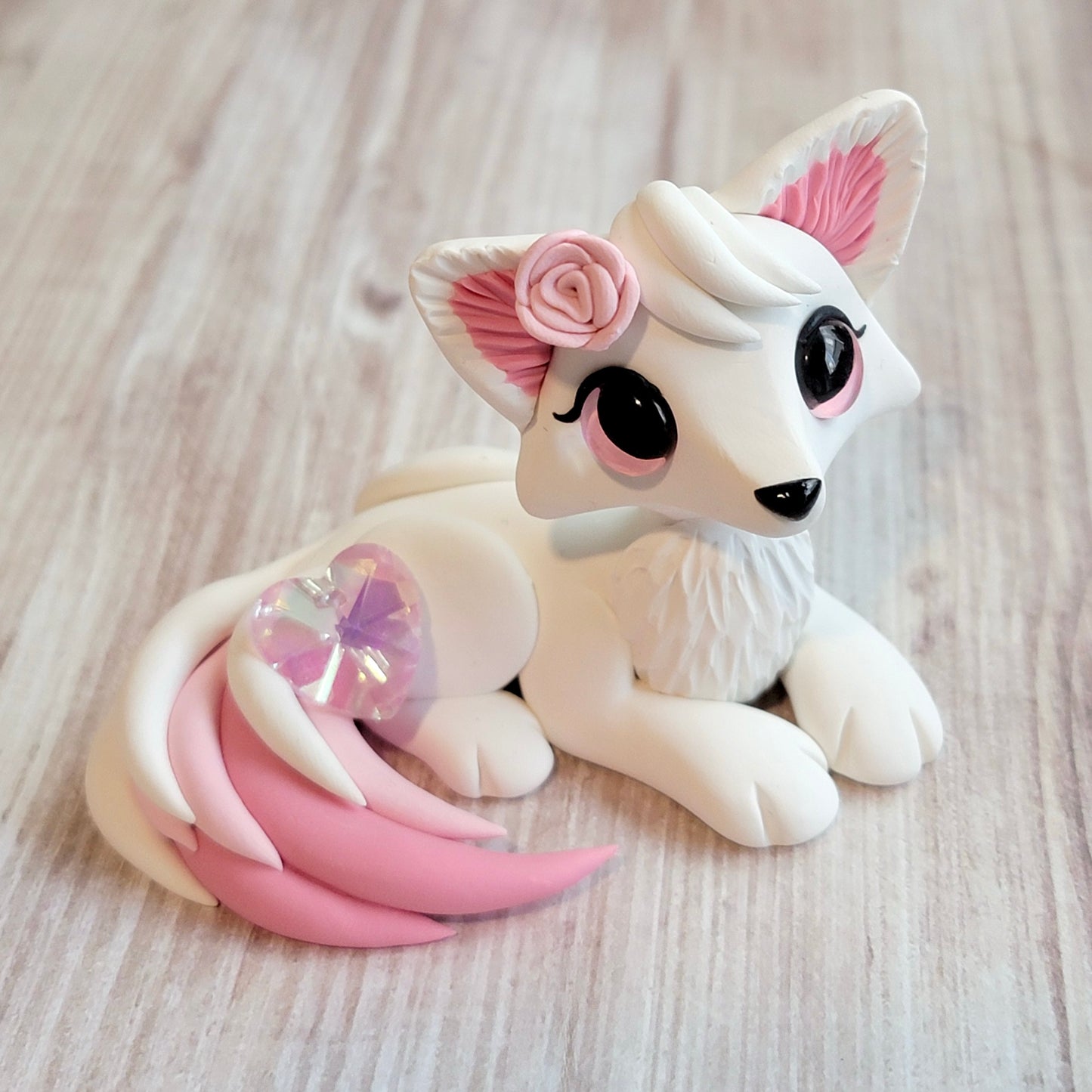Heart Crystal Fox “Cupid”, Handmade Clay Fox