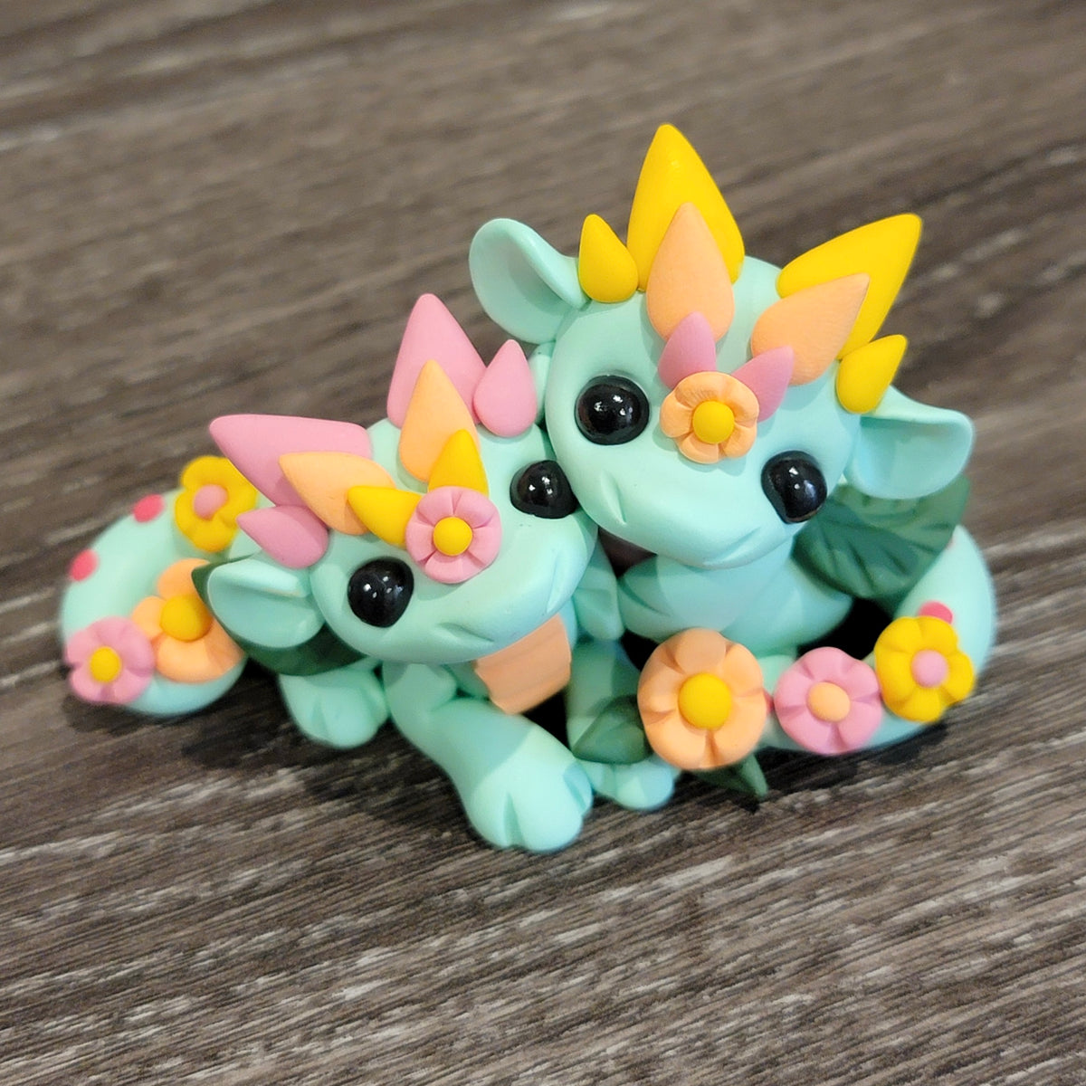 Mint Flower Dragon Couple, Handmade Clay Dragon Figurine