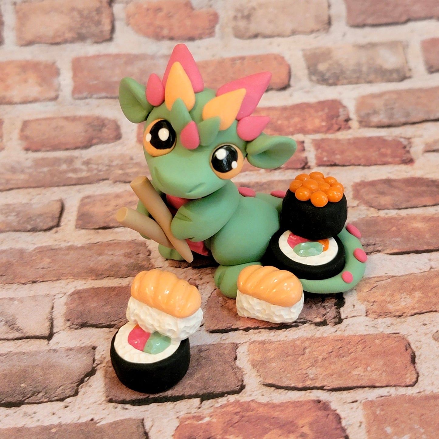 Sushi Loving Dragon “Wasabi”, Handmade Clay Dragon