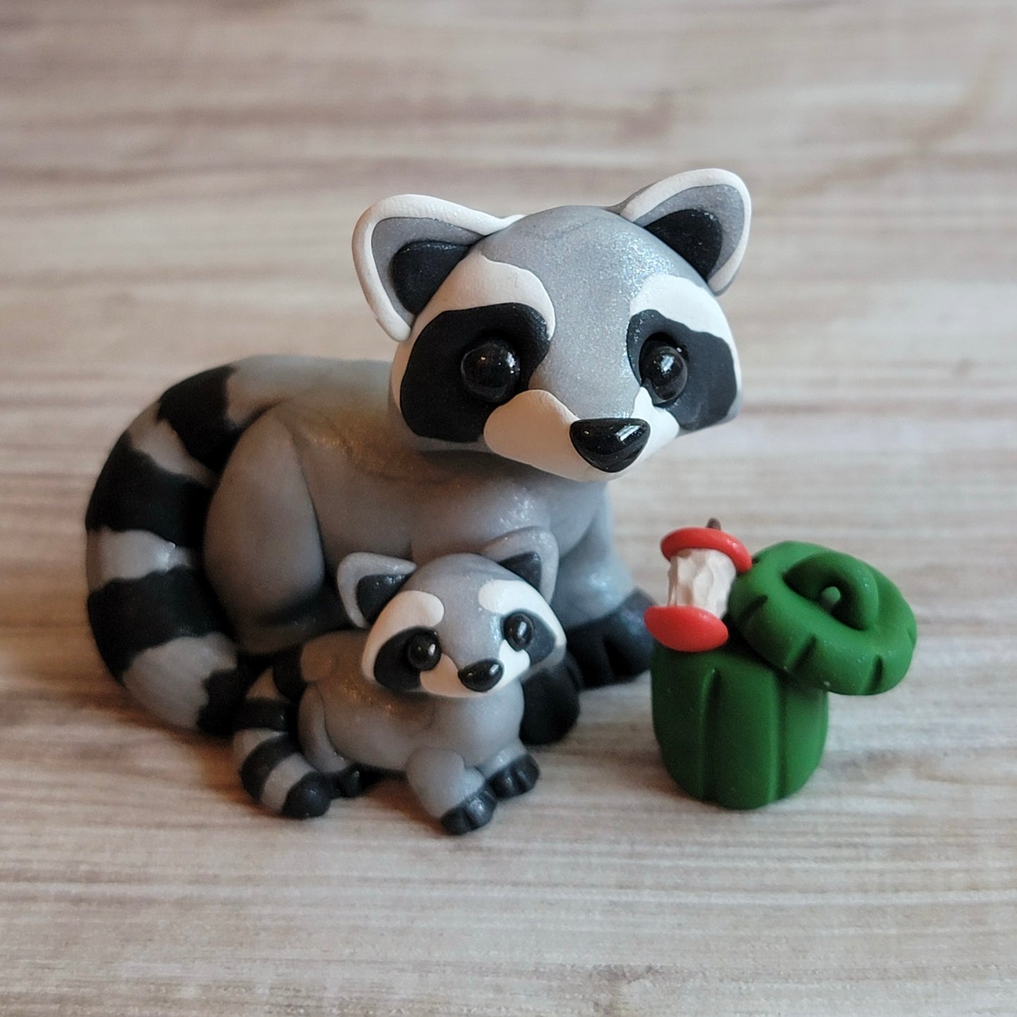 Raccoon Family, Handmade Clay Raccoons
