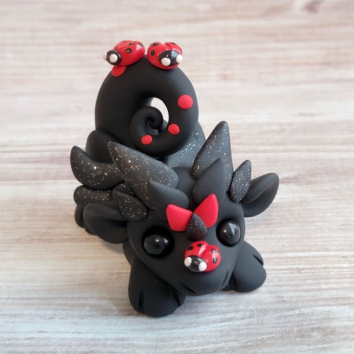 Ladybug Dragon “Onyx”, Handmade Clay Dragon