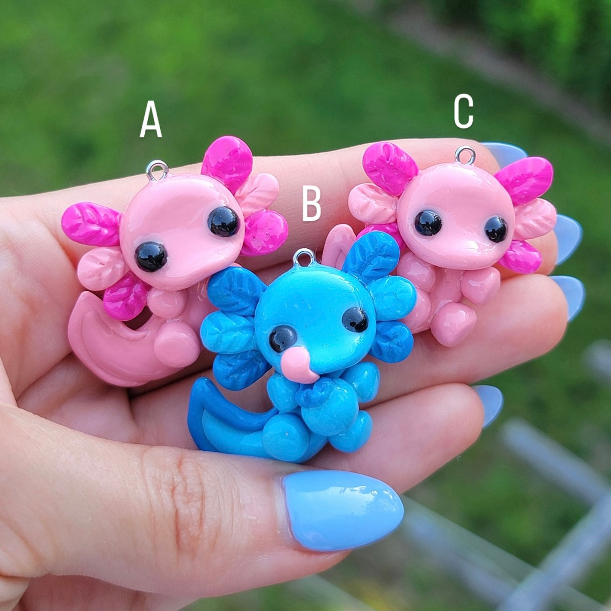 Pink and Blue Axolotl Charms, Clay Charm