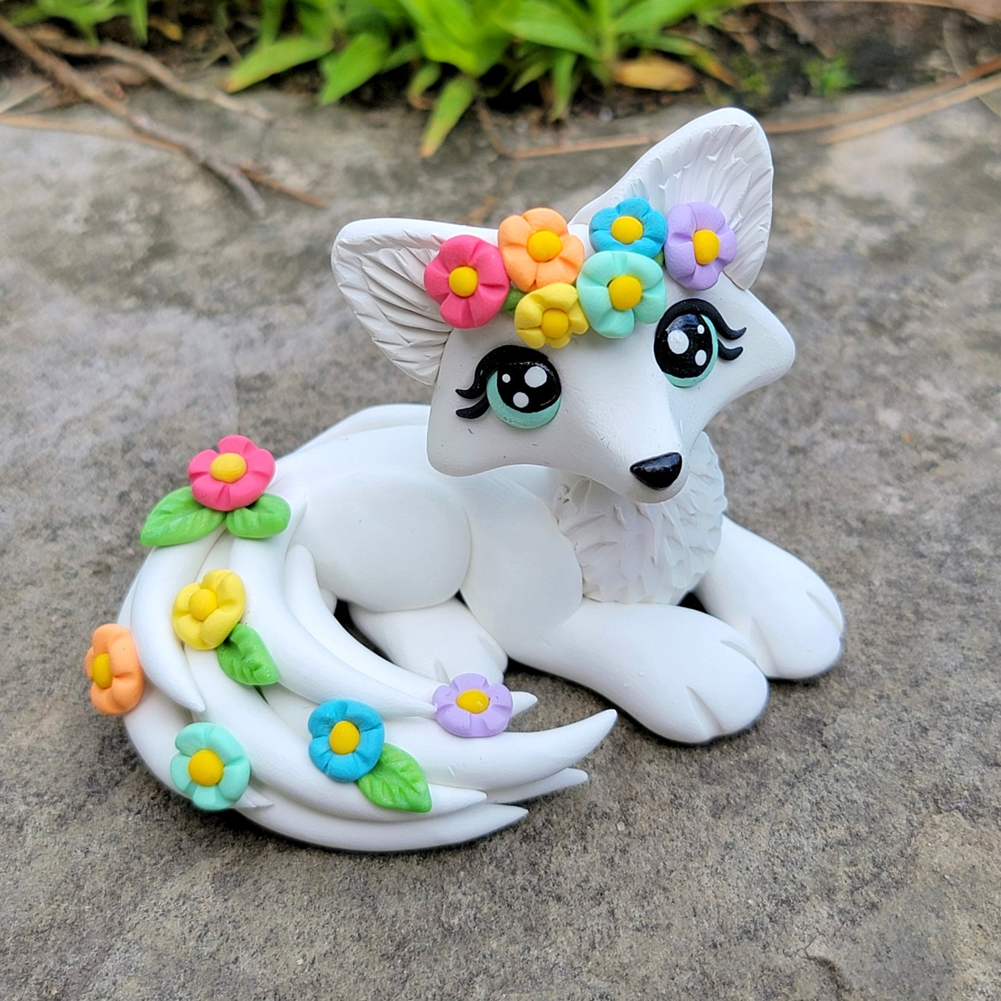 Rainbow Flower Crown Fox “Rosemary”, Handmade Clay Fox