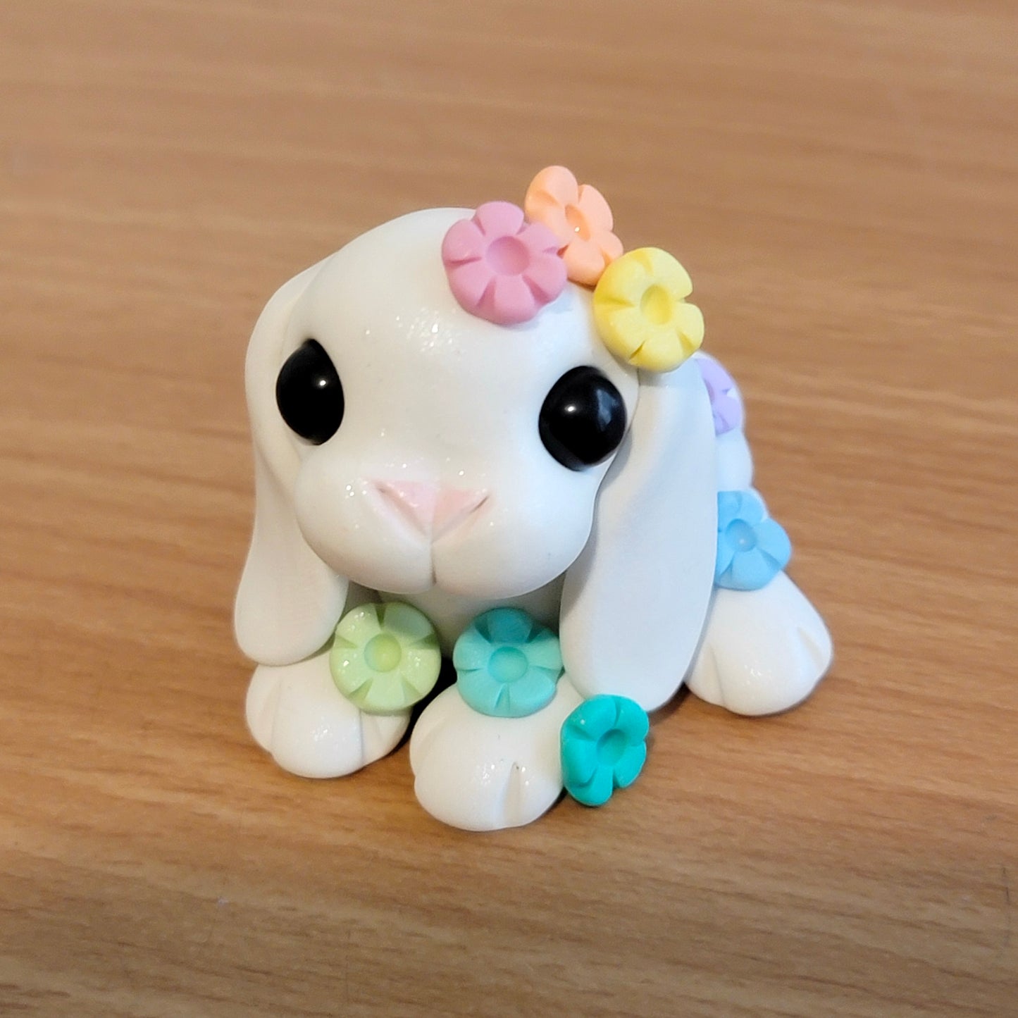 Pastel Flower Bunny “Marshmallow”, Handmade Clay Bunny