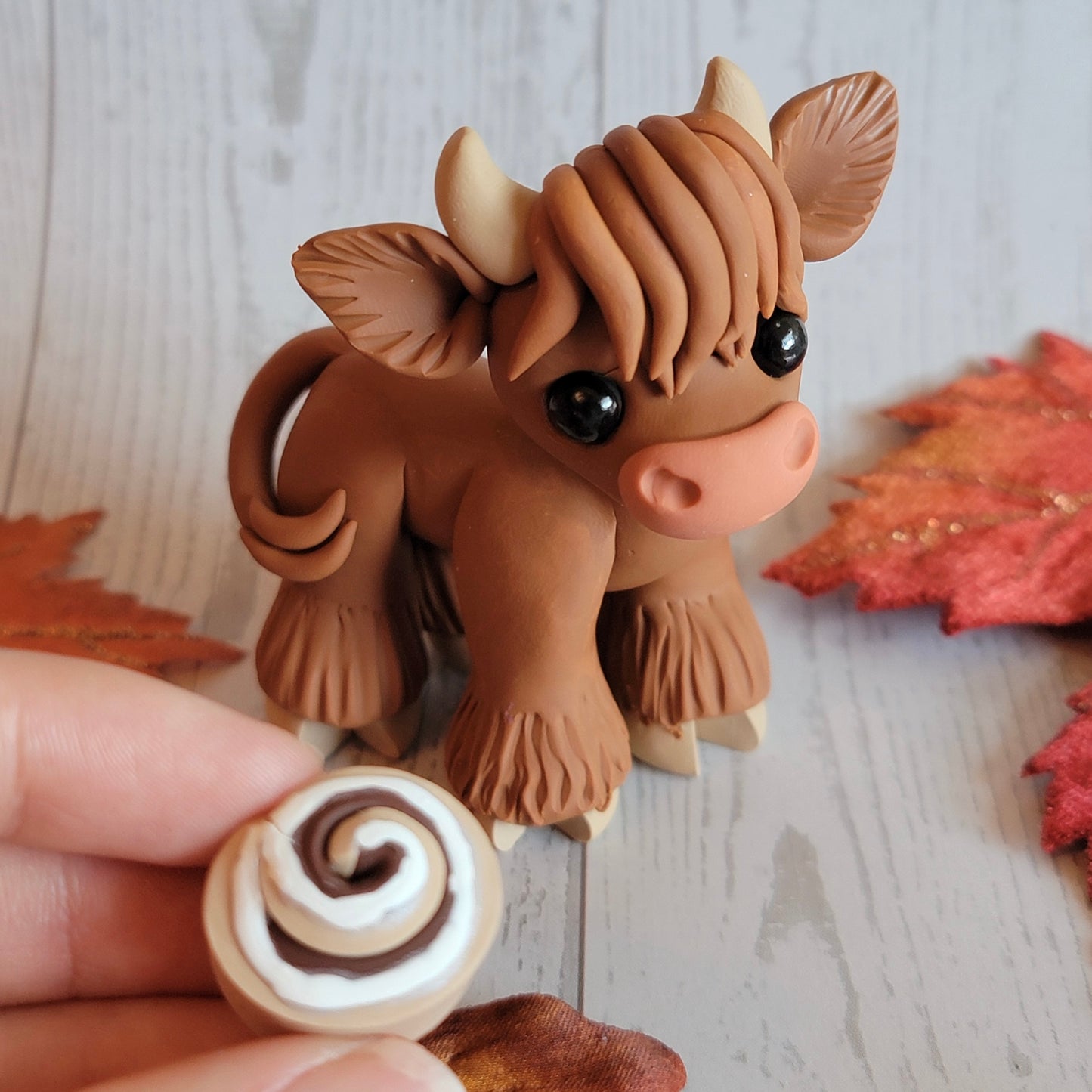 Cinnamon Roll Cow “Pumpkin”, Handmade Clay Highland Cow