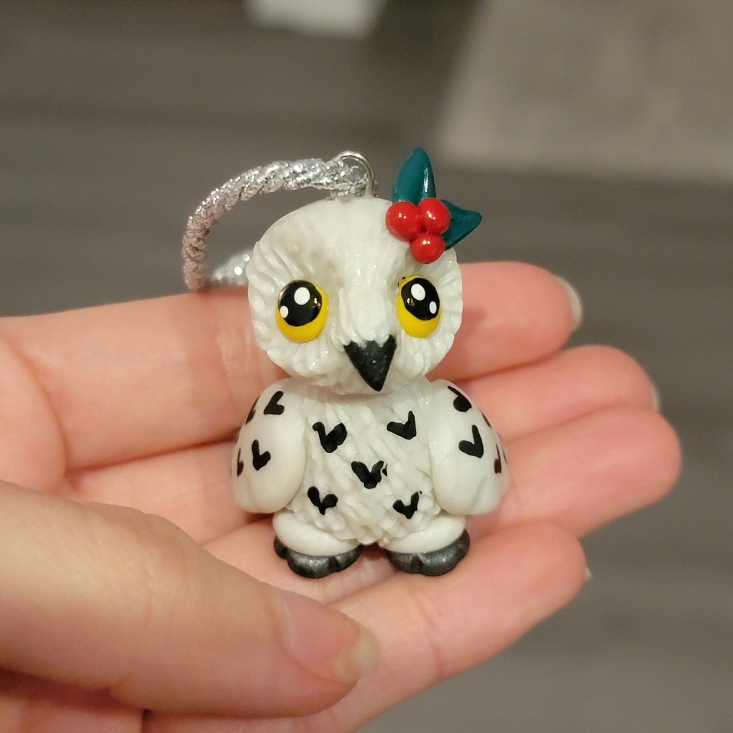 Mistletoe Snowy Owl Ornament, Handmade Clay Christmas Ornament