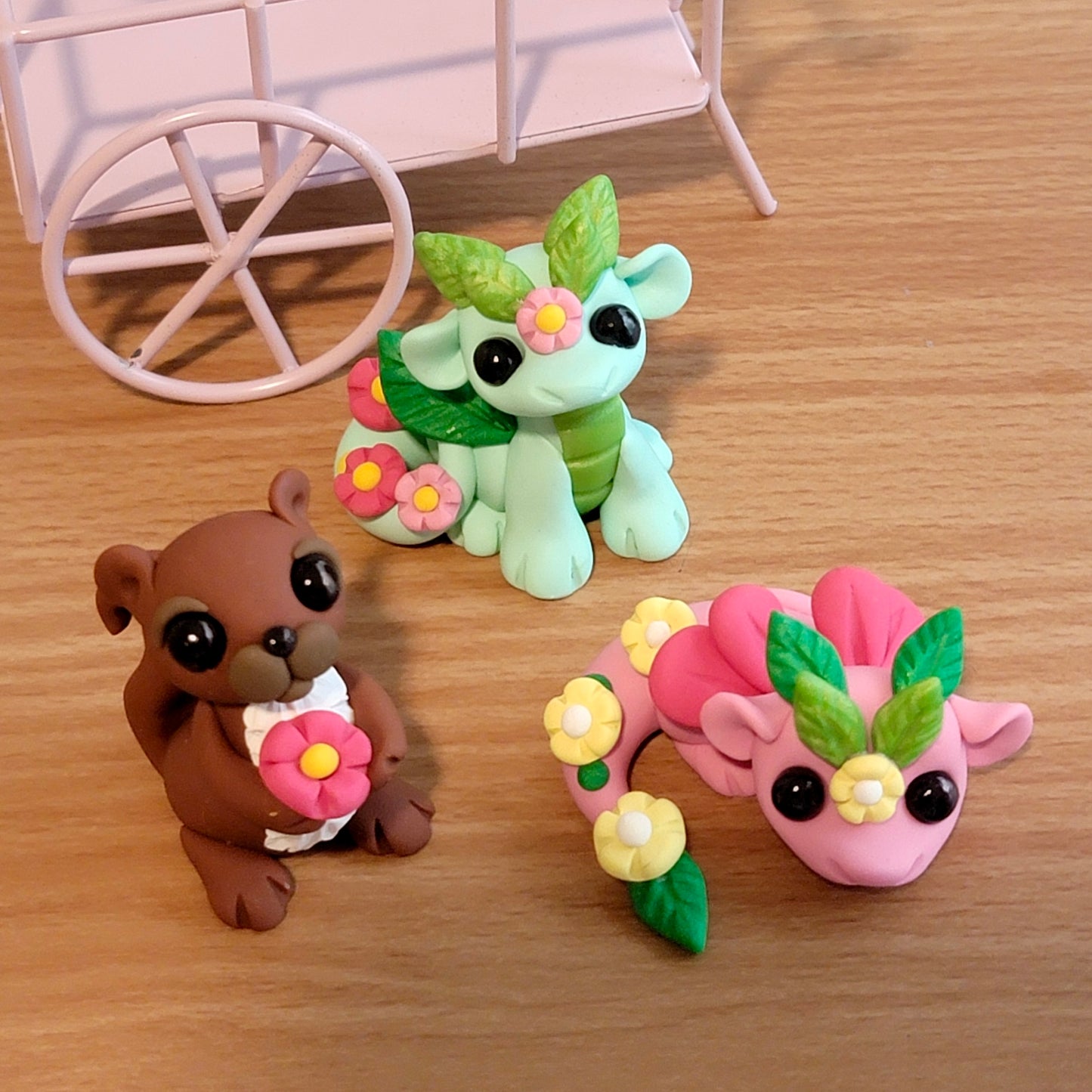 Flower Cart Critters, Handmade Clay Dragons and Squirrel