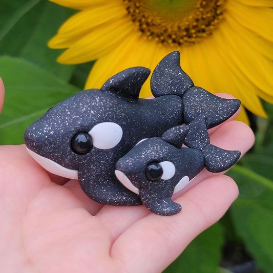 Momma and Baby Orca Whales, Handmade Clay Whales