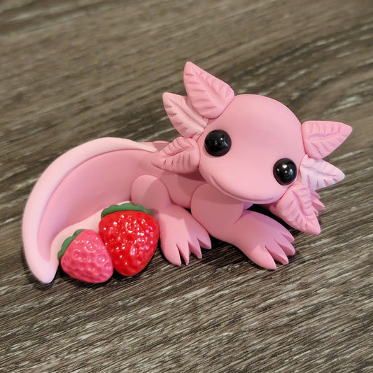 Strawberry Axolotl “Smoothie”, Handmade Clay Axolotl