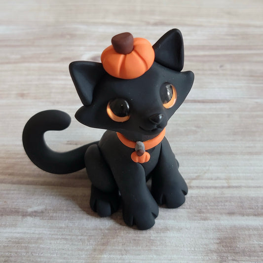 Pumpkin Black Cat “October”, Handmade Clay Cat