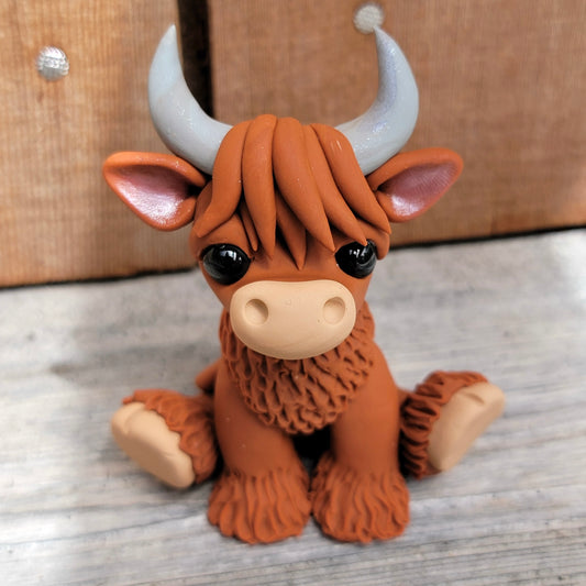 Highland Cow “Gingersnap”, Handmade Clay Cow
