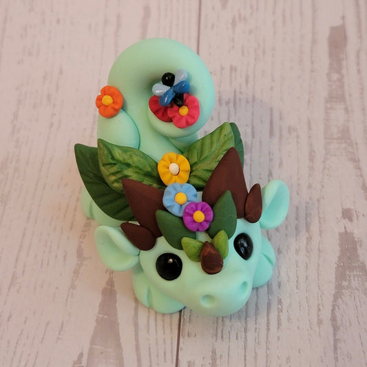 Playful Flower Dragon “Thin Mint”, Handmade Clay Dragon
