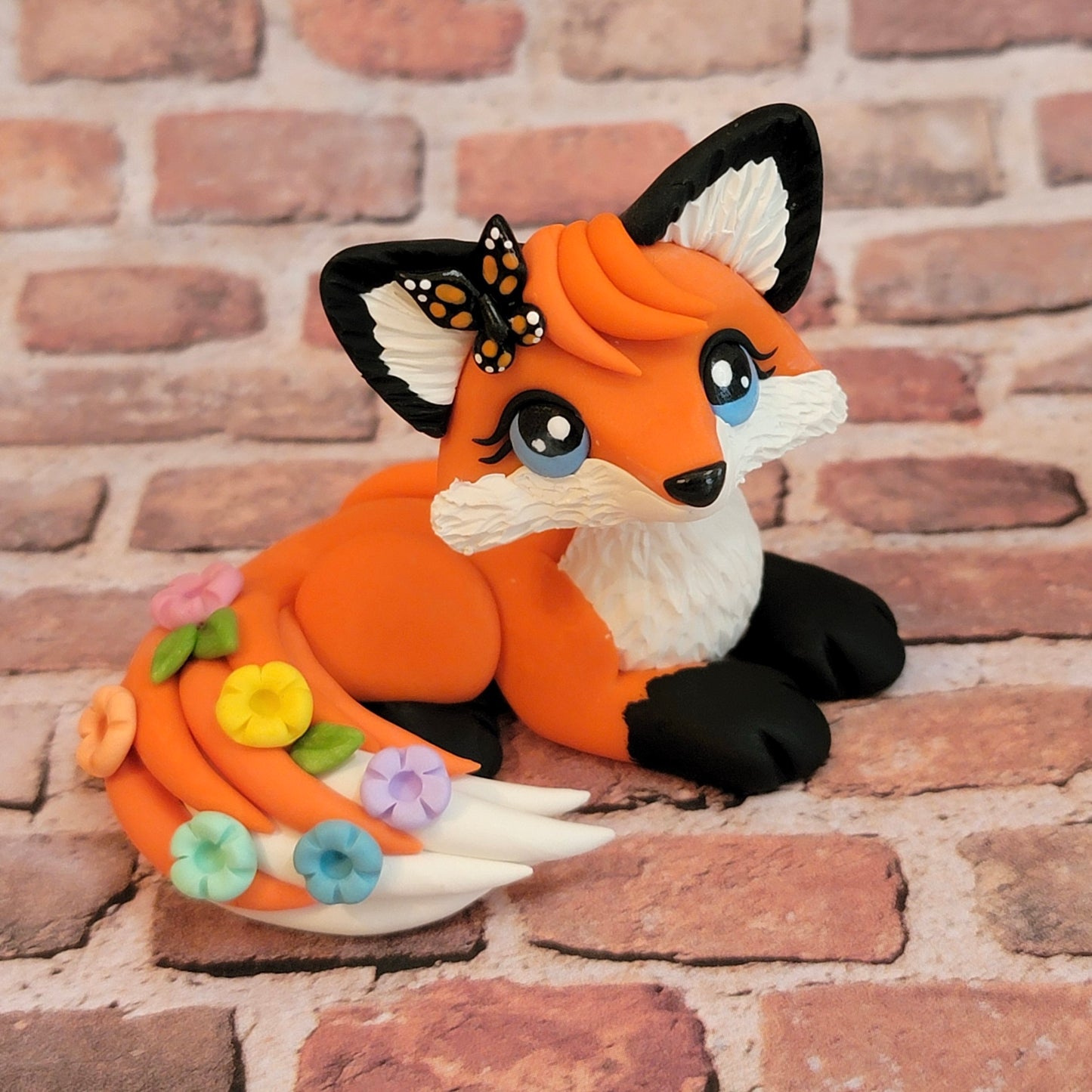 Rainbow Flower Fox “Artemis”, Handmade Clay Fox