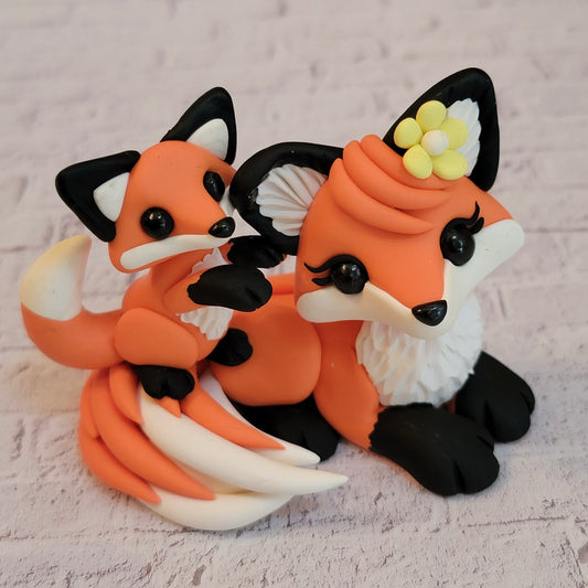 Momma and Baby Fox Pair “Penny and Pip”, Handmade Clay Foxes