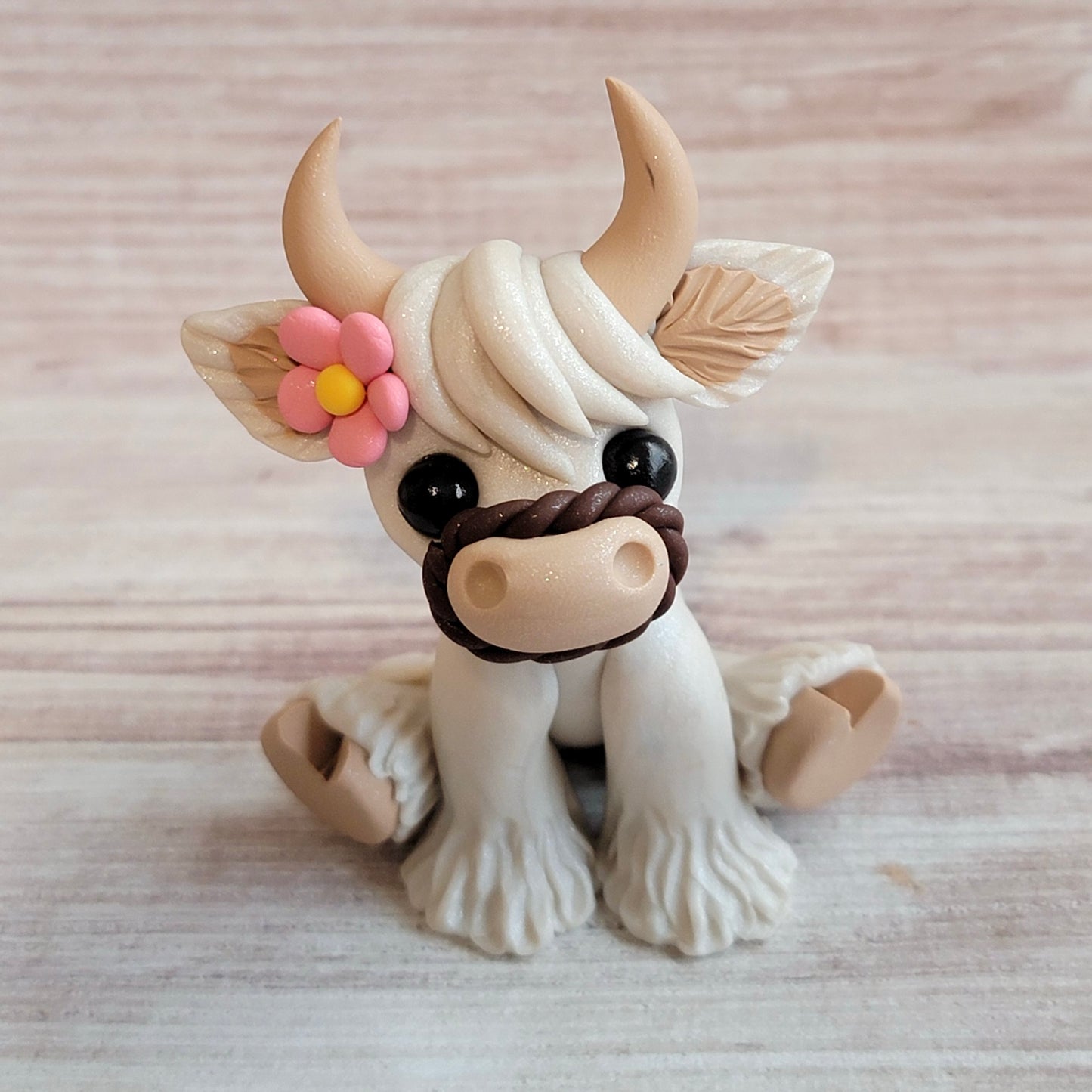 Mini Highland Cow “Marshmallow”, Handmade Clay Cow