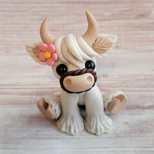 Mini Highland Cow “Marshmallow”, Handmade Clay Cow