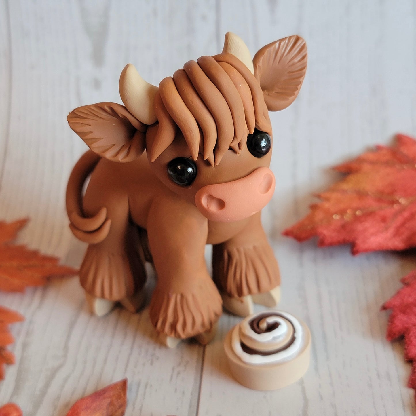 Cinnamon Roll Cow “Pumpkin”, Handmade Clay Highland Cow