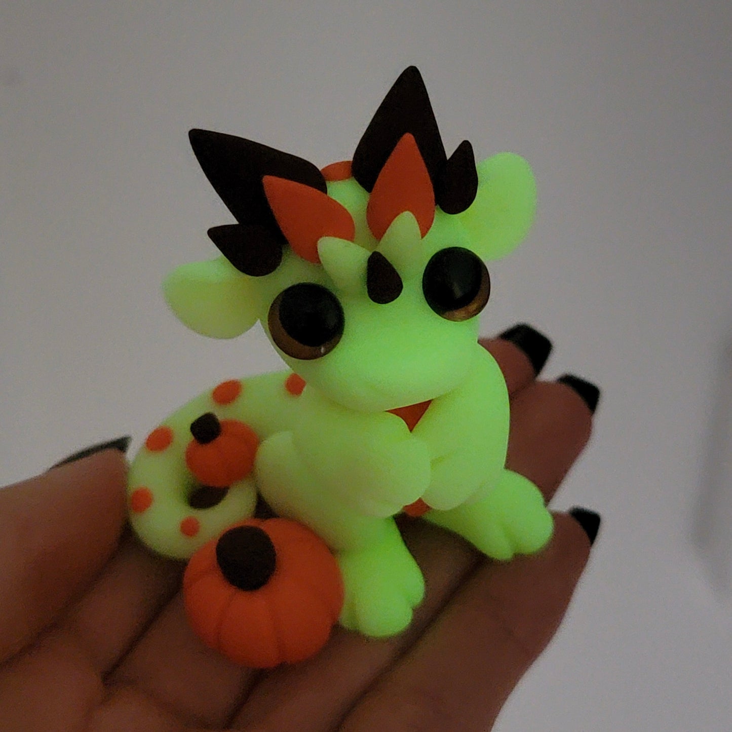 Glow in the Dark Pumpkin Dragon “Taffy”, Handmade Clay Dragon