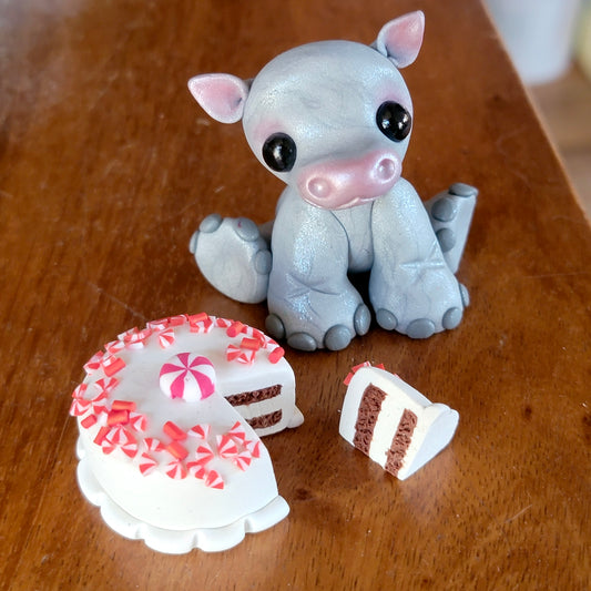 Holiday Cake Hippo “Peppermint Twist”, Handmade Clay Hippo