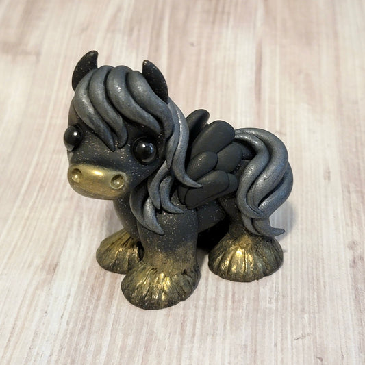 Black and Gold Pegasus “Cobalt”, Handmade Clay Pegasus