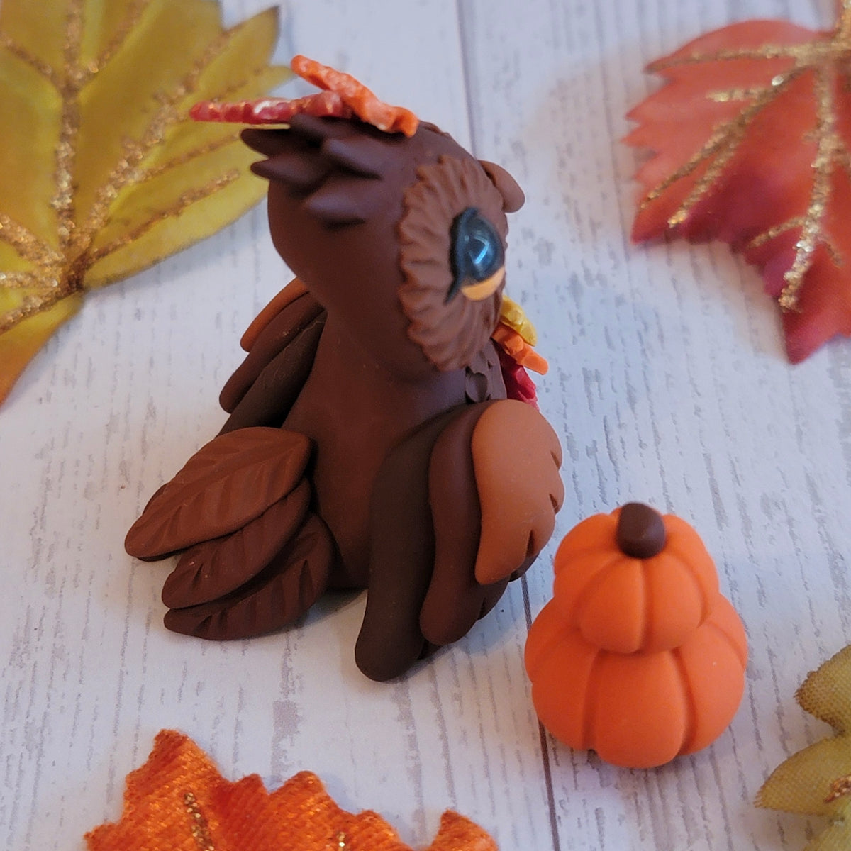 Fall Leaves Owl “Juniper”, Handmade Clay Owl