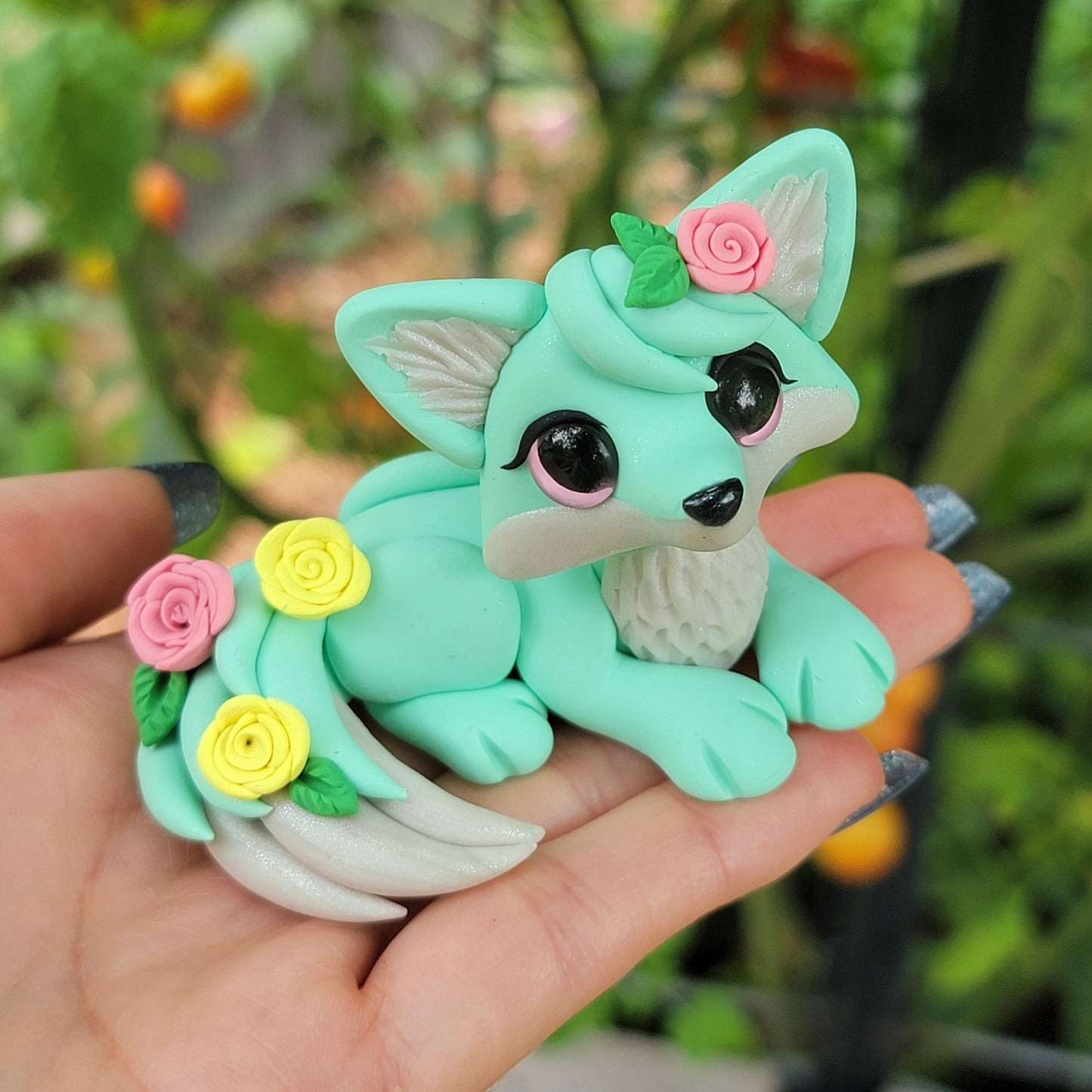 Mint Rose Fox “Gardenia”, Handmade Clay Fox