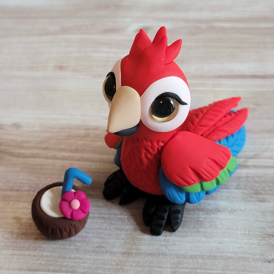 Red Parrot “Paradise”, Handmade Clay Parrot